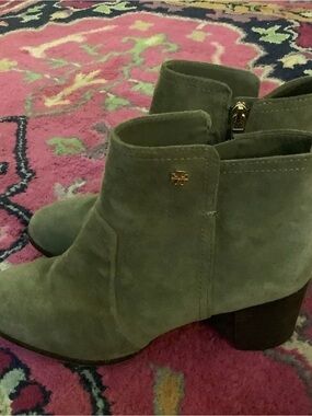 Tory Burch Sage Green Suede Ankle Booties with Gold Logo Accent